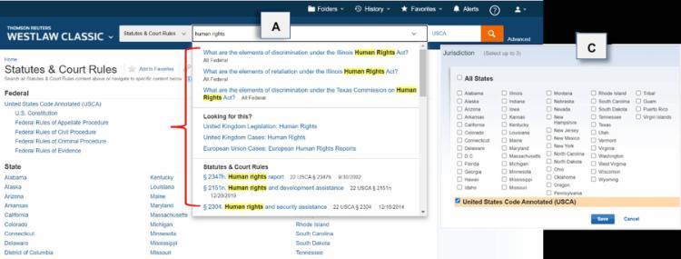 Screenshot of the U.S. Statutes search page, highlighting the search suggestions pop up box and the Jurisdiction options.