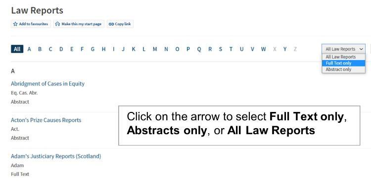 Screenshot showing Westlaw UKs 'Browse Law Reports alphabetically' section.