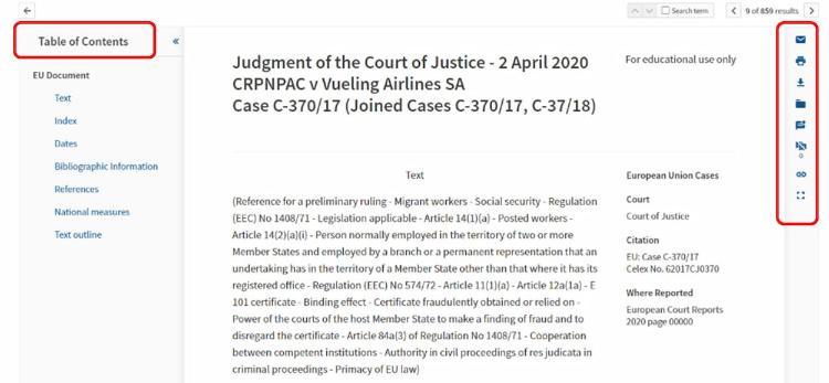 Screenshot of  EU case with the table of contents highlighted on the left hand side of the page and the document saving options on the right hand side of the page.