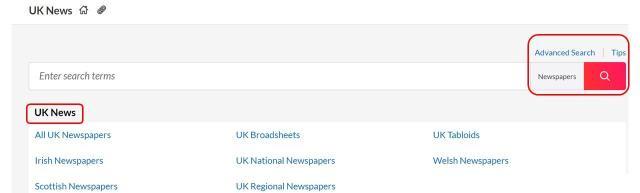 Image shows the opening page of Newspapers with searching and browsing options