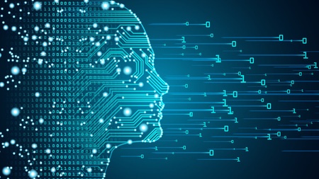 Abstract image of a face made up of 1s, 0s and circuits
